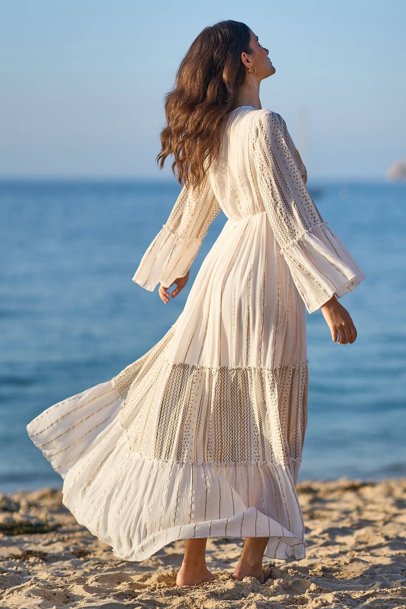 White Metallic Embellished Maxi Dress With Long Sleeves – boudoirbythesea
