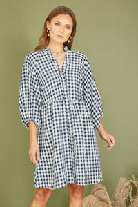 Navy Cotton Checked Button Through Tunic Dress - boudoirbythesea