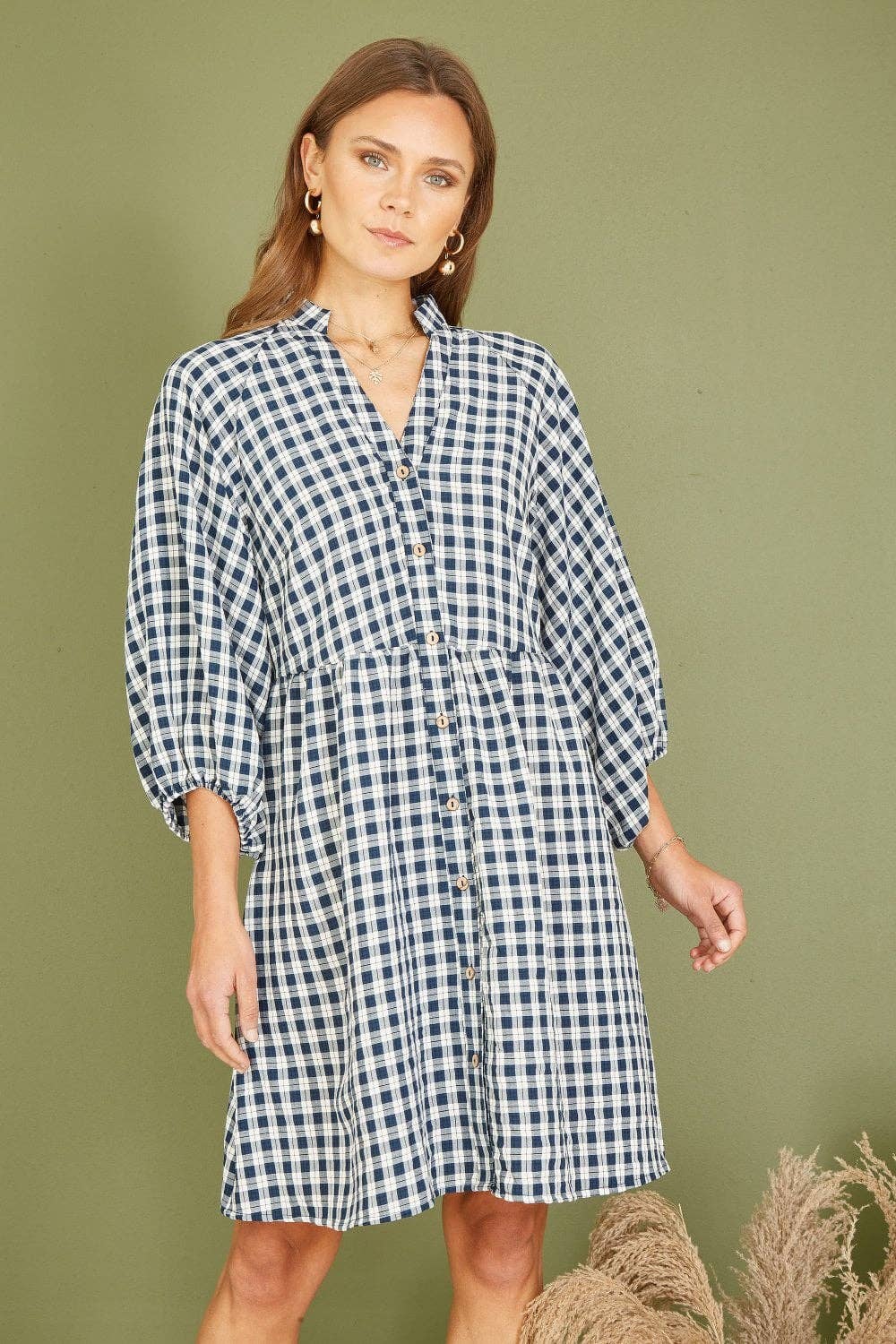Navy Cotton Checked Button Through Tunic Dress - boudoirbythesea