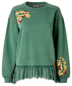 Embroidered Woven Hem Green Sweatshirt - boudoirbythesea
