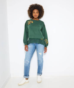 Embroidered Woven Hem Green Sweatshirt - boudoirbythesea