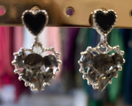 Black Crystal Heart Drop Earrings - boudoirbythesea