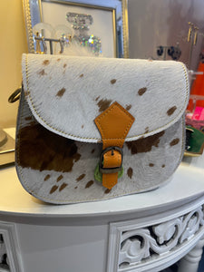 Tan & White Leather Hyde Satchel Recycled Leather - boudoirbythesea