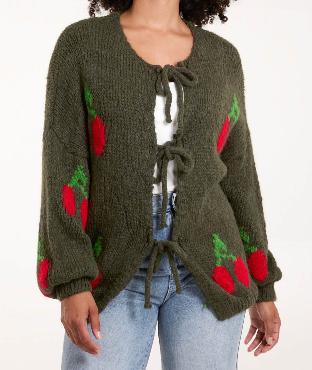 Khaki Cherry Print Cardigan - boudoirbythesea