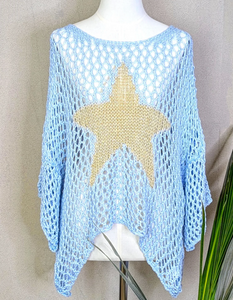 Pale Blue Crochet Metallic Star Jumper - boudoirbythesea