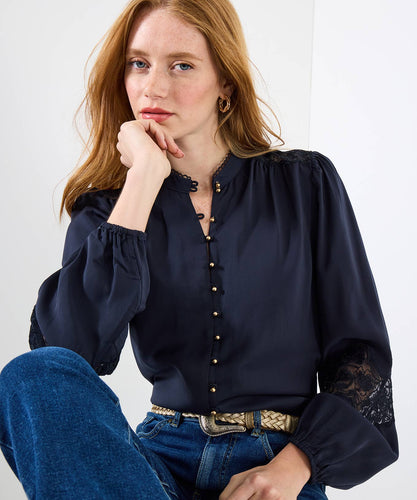 Navy Satin Blouse Lace Inserts - boudoirbythesea
