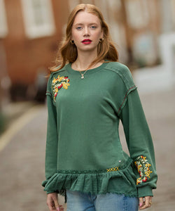 Embroidered Woven Hem Green Sweatshirt - boudoirbythesea