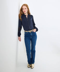 Navy Satin Blouse Lace Inserts - boudoirbythesea