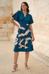 Yumi Teal Recycled Fabric Crane Print Kimono Midi Dress - boudoirbythesea