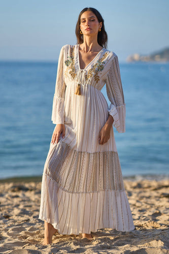 White Metallic Embellished Maxi Dress With Long Sleeves - boudoirbythesea