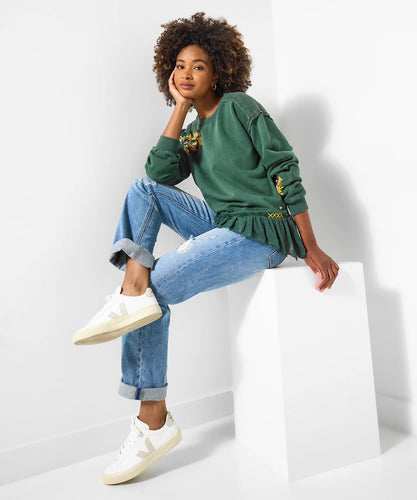 Embroidered Woven Hem Green Sweatshirt - boudoirbythesea
