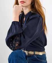 Navy Satin Blouse Lace Inserts - boudoirbythesea